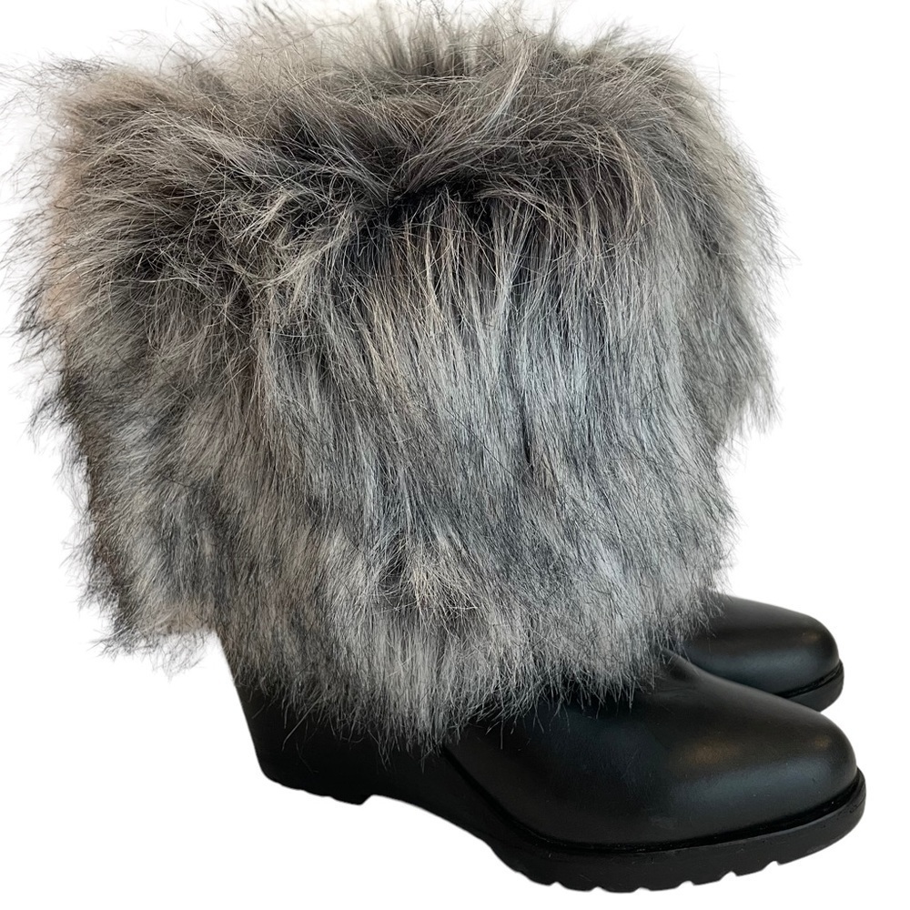 Sorel Park City Lux Leather Boot Women’s 8 Black Grey Faux Fur Waterproof Wedge